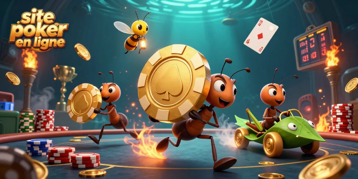 Jouez sur un site poker en ligne avec des personnages animés portant des jetons dorés dans un tunnel.