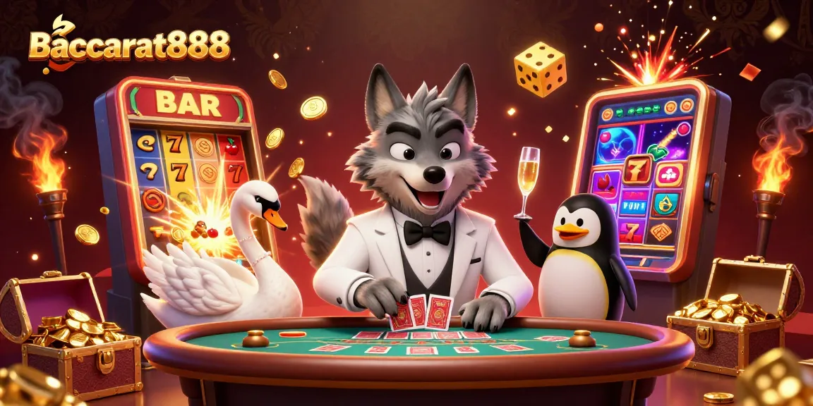 Baccarat888 celebrates with a glamorous casino scene featuring a debonair wolf, an elegant swan, and a distinguished penguin.