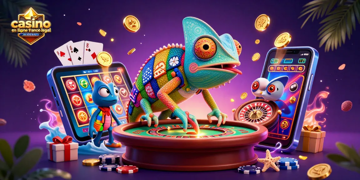 Illustration dynamique représentant le casino en ligne légal en France avec un caméléon, des pièces d'or, et plein de jeux.