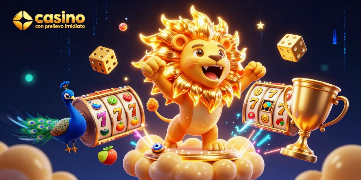 Casinò con prelievo immediato, immagini dinamiche di un leone solare e simboli di slot.