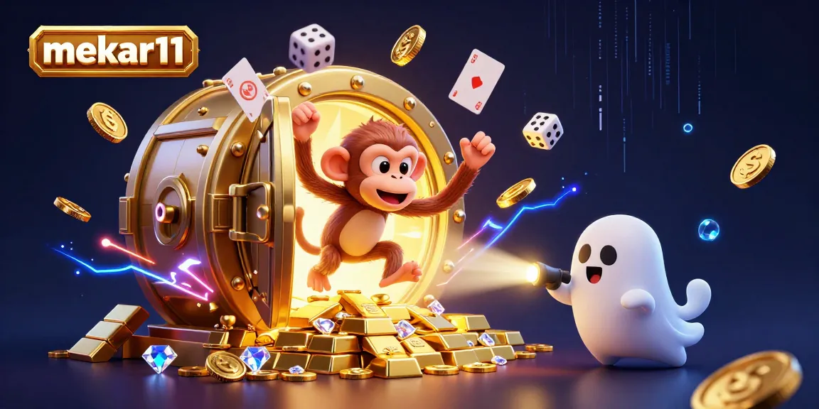 Mekar11 showcases a lively casino scene with a mischievous monkey juggling gold and a curious puppy tracking it.