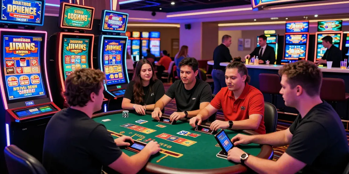 Players enjoying credit card casinos, using Visa and Mastercard in a lively, colorful gaming environment.
