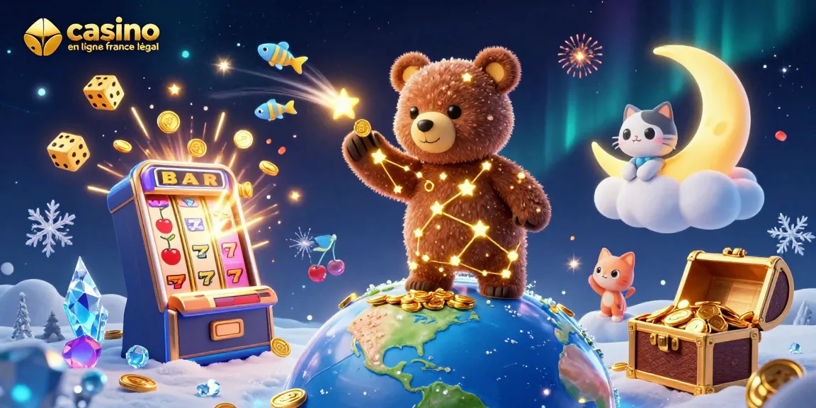 Casino en ligne France légal avec une illustration 3D captivante de jeux et de personnages animés.