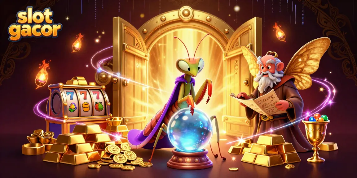 Engage in slot gacor with a mystical fortune teller revealing jackpots and treasures in a vibrant casino.