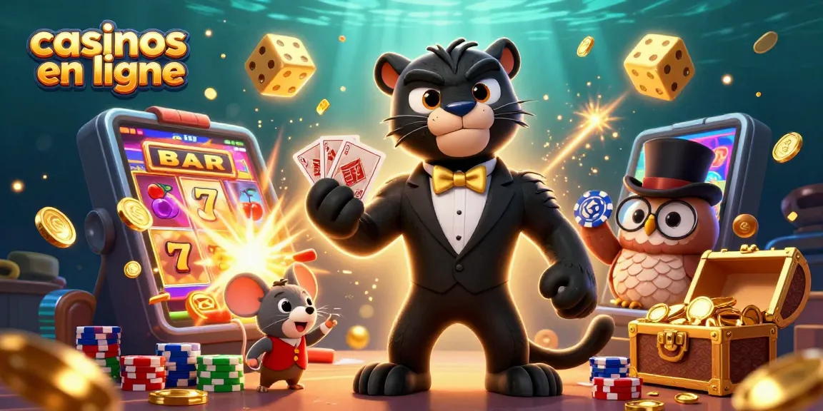 Gagnez gros avec des casinos en ligne : panthère élégante, hibou et souris chanceuse aux cartes et jetons.