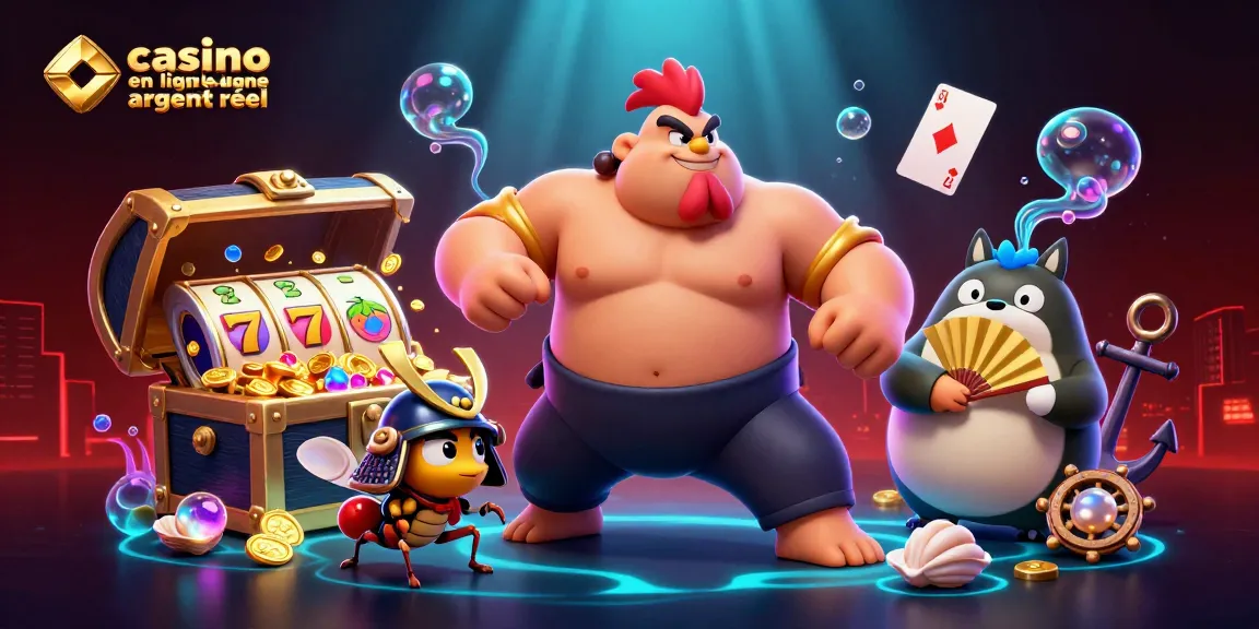 Illustration 3D d'un casino en ligne argent réel avec un coq sumo et une grue samouraï animant le jeu