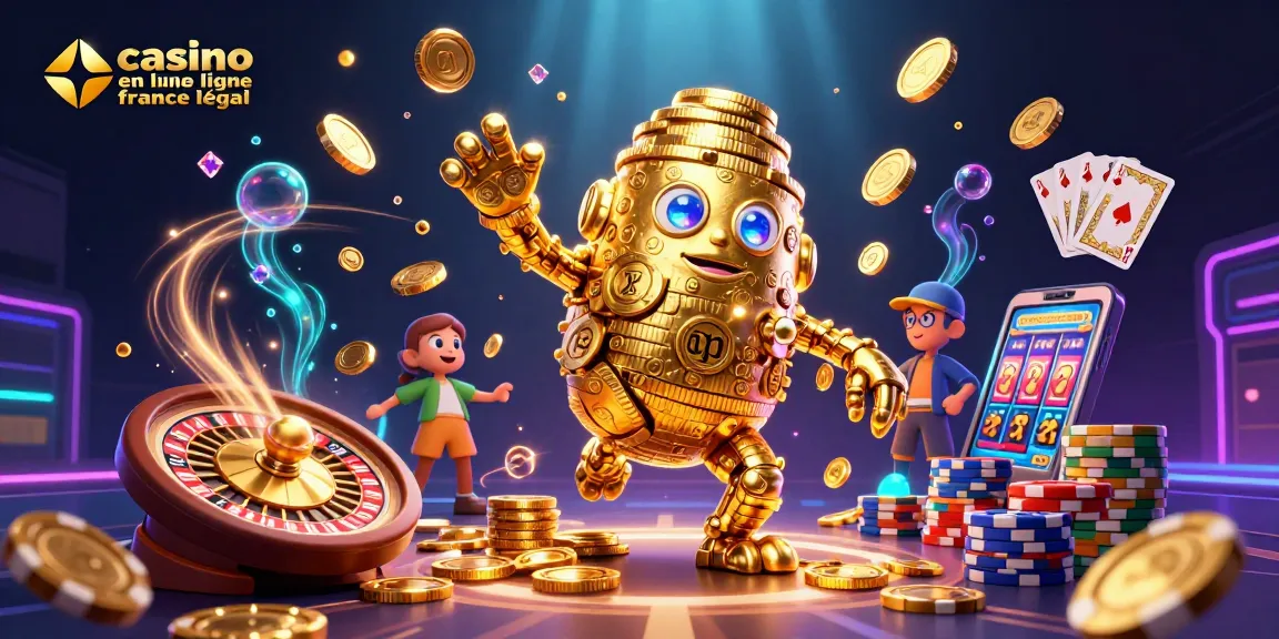 Illustration dynamique de casino en ligne France légal avec un golem en pièces d'or sous un ciel illuminé.