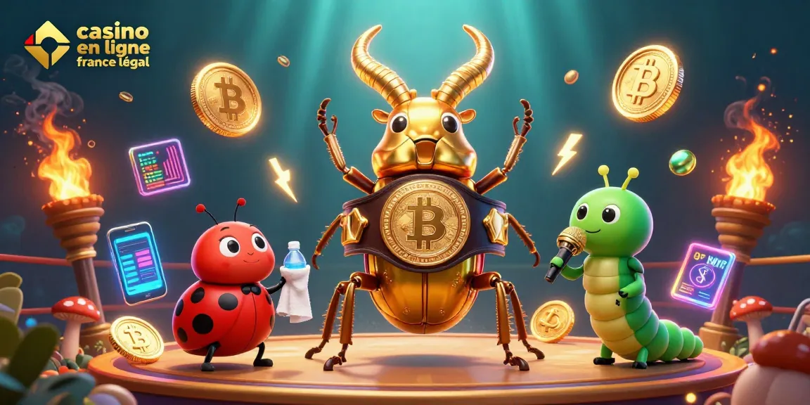 Cette illustration 3D dynamique présente un combat entre un scarabée géant doré et des éléments de casino en ligne, mettant en avant le casino en ligne France légal.