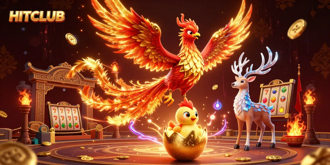 Engage with HITCLUB's vibrant 3D casino scene, showcasing slot reels, a phoenix, and colorful game elements.