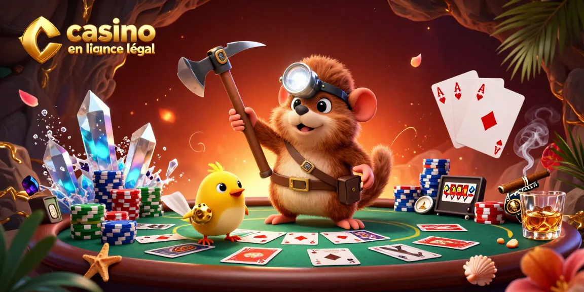 Illustration de casino en ligne légal en France avec un mole chasseur de trésors et jeu de poker