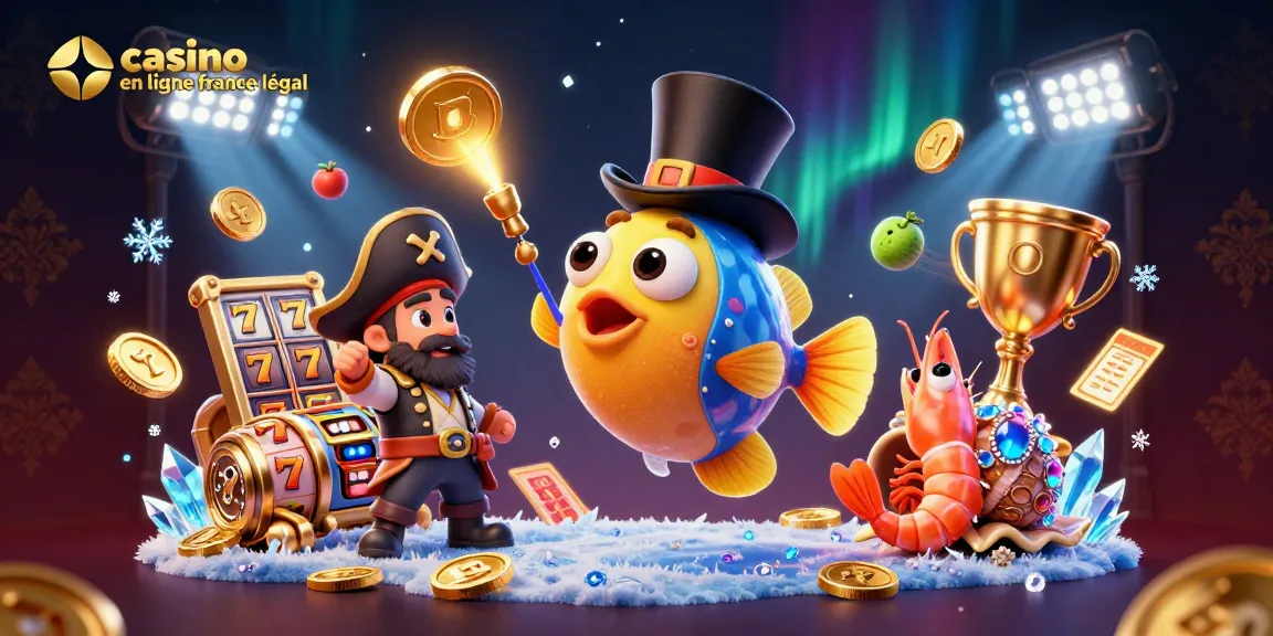 Illustration dynamique de casino en ligne France légal avec un poisson angler, crevette pirate et escargot au trésor attirant des pièces d'or.