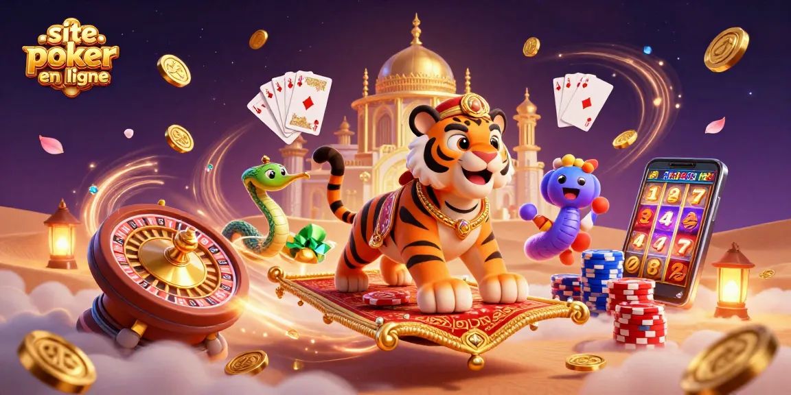 Gagnez au site poker en ligne avec des cartes et des jetons colorés autour d'un sultan tigre.