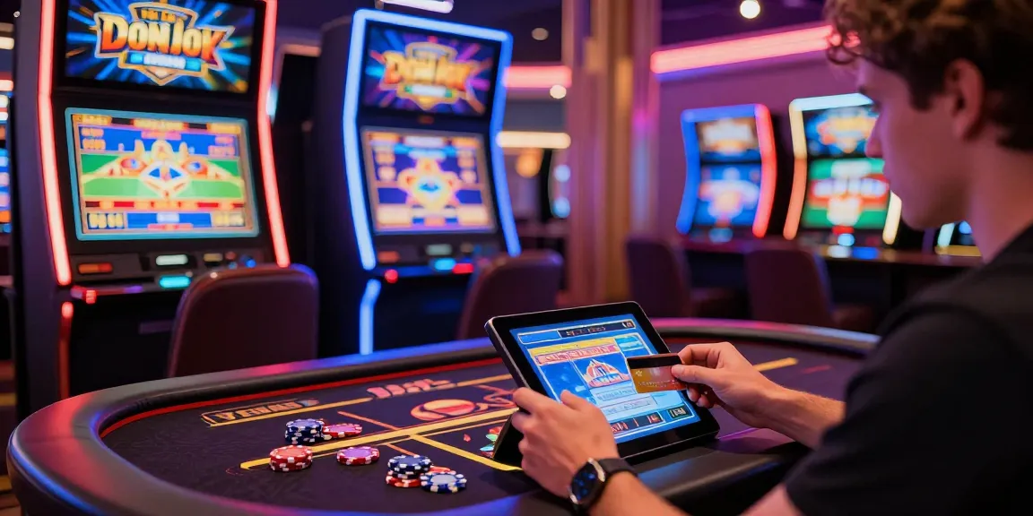 Experiencing credit card casinos with a player using a tablet in a neon-lit gaming environment.