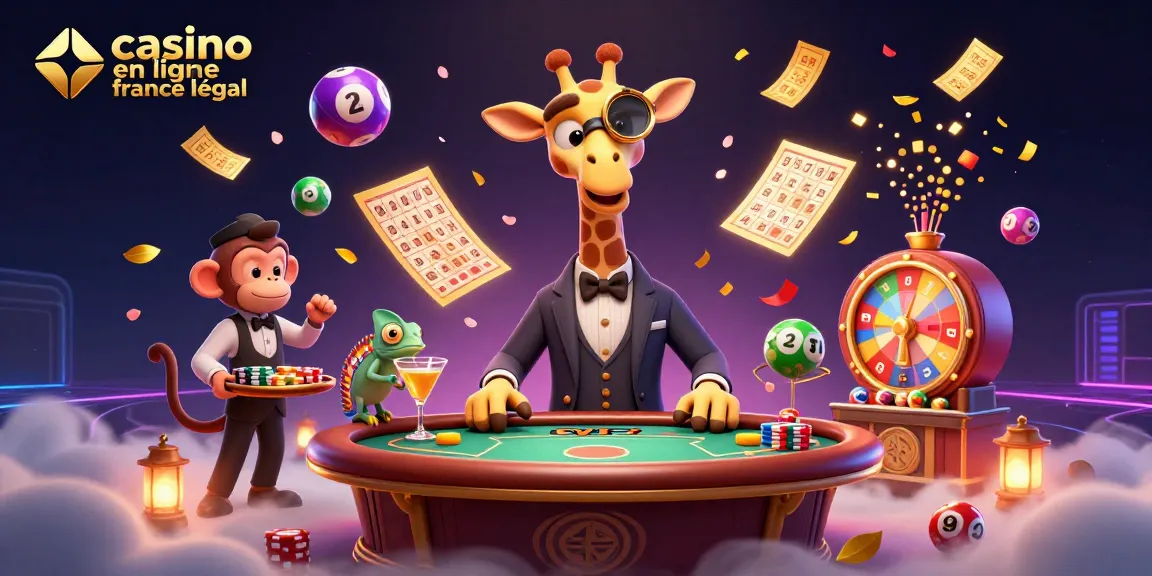 Illustration d'une scène de casino avec une girafe, un valet singe et un barman caméléon, illustrant le casino en ligne légal en France.