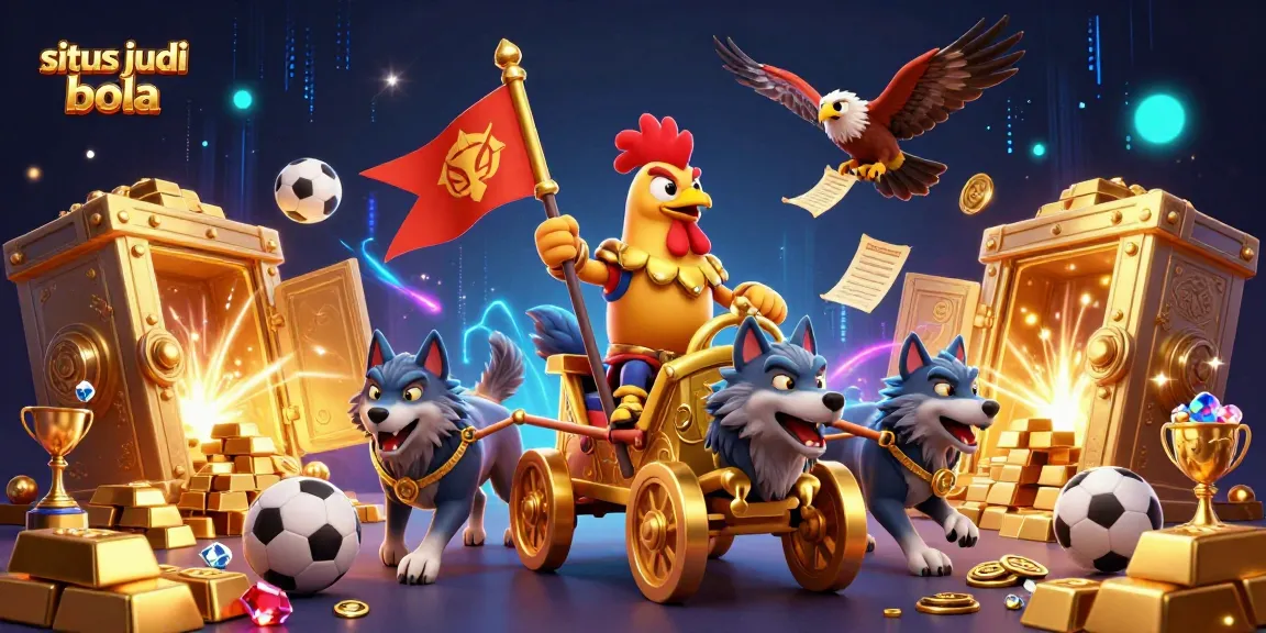 Engage in situs judi bola with an action-packed scene featuring a rooster warlord and sports betting elements.
