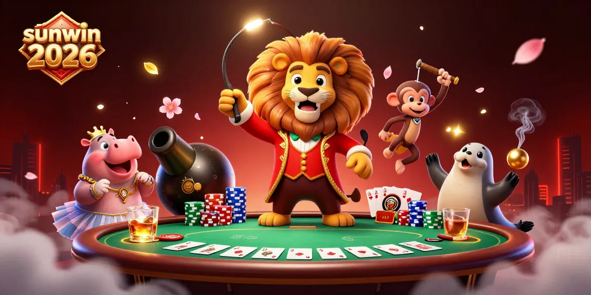 Win with sunwin 2026 as a lion ringmaster leads a lively casino scene of poker excitement.