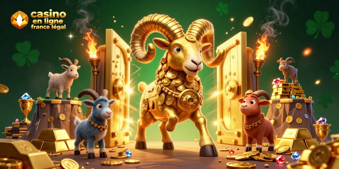 Illustration dynamique de "casino en ligne france légal" avec un bélier doré et des trésors scintillants.