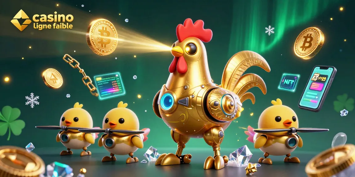 Jouez sur un casino en ligne fiable avec un robot coq en or et pièces de crypto en arrière-plan.