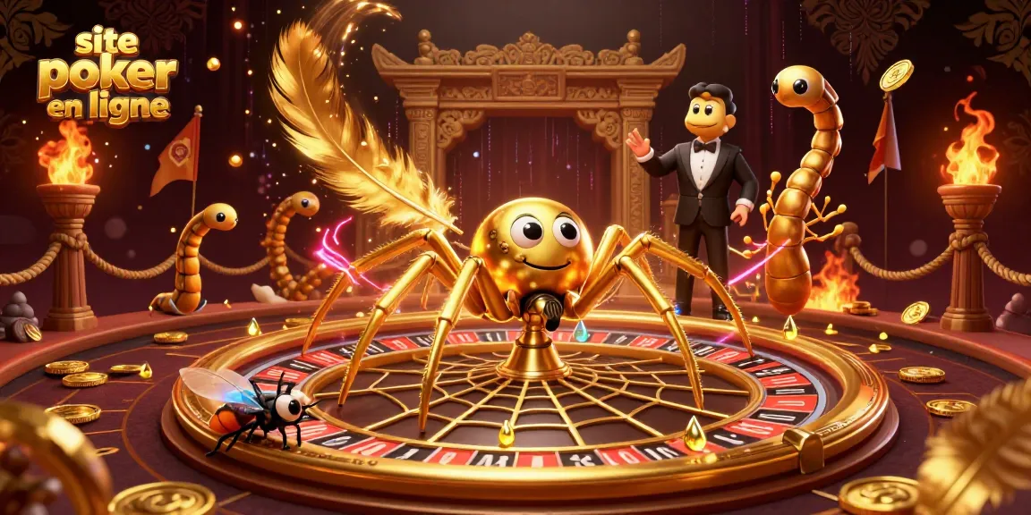 Jouez sur le site poker en ligne avec une araignée dorée et un croupier mille-pattes dans un décor vibrant.
