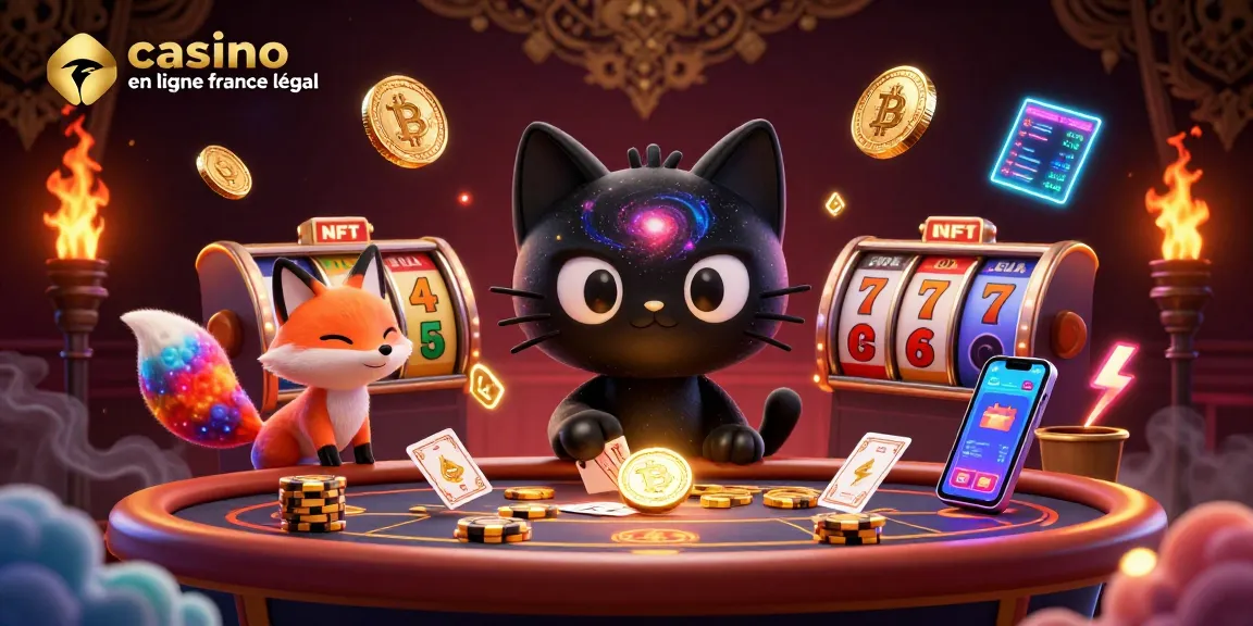 Jouer sur un casino en ligne France légal avec un chat noir et une créature colorée attirant des jetons d'or.