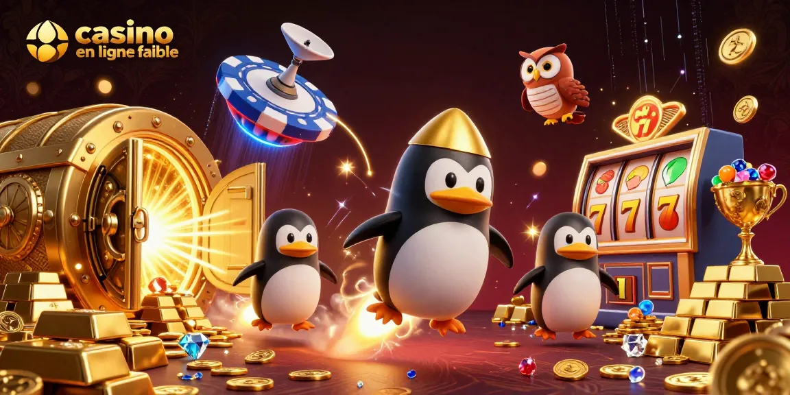 Illustration captivante d'un casino en ligne fiable avec un pingouin doré propulsé par fusée, des pièces d'or et des rouleaux de machines à sous.