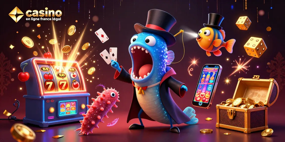 Illustration dynamique de casino en ligne France légal, avec un poisson-lanterne et une anguille jouant à des cartes au fond marin.
