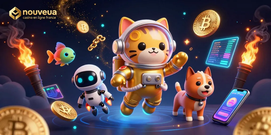 Visualisez une scène dynamique et colorée de "nouveau casino en ligne france" avec un chat astronaute et crypto-monnaies.