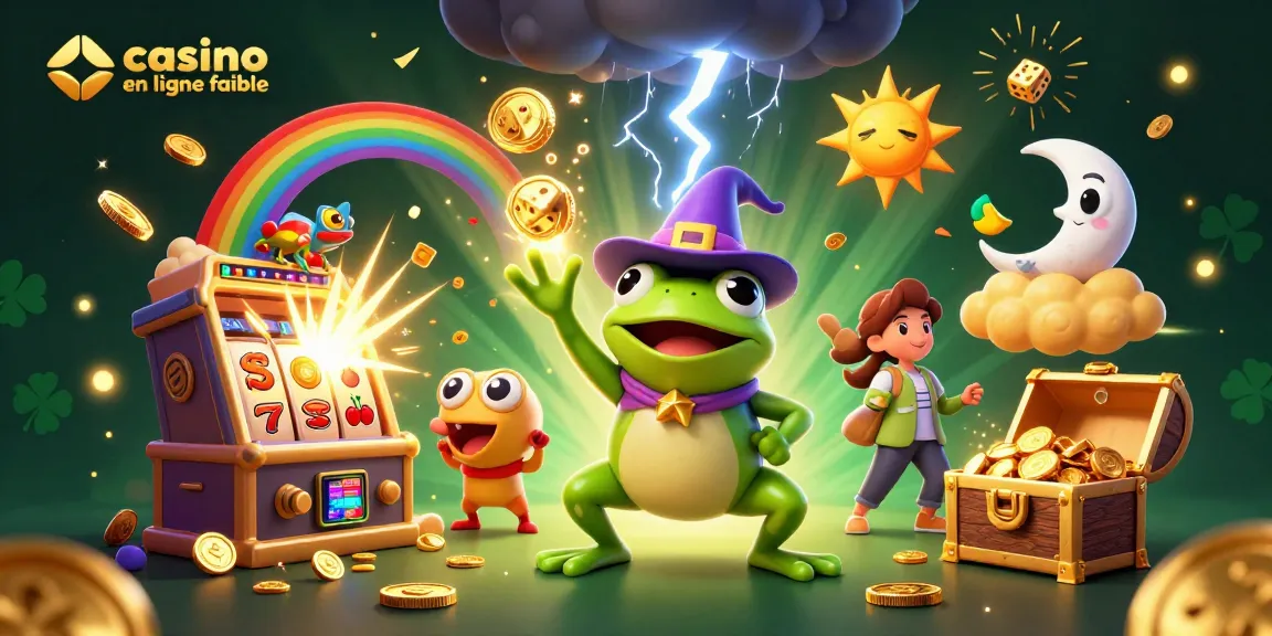 Une illustration animée représentant une scène de casino en ligne fiable avec des pièces d'or et des éléments de jeu.