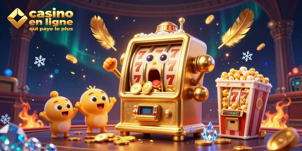 Illustration dynamique d'un casino en ligne qui paye le plus, avec des machines à sous et des pièces d'or.