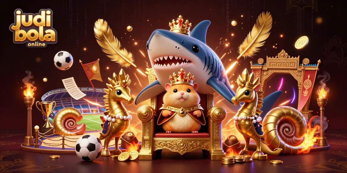 Engage in judi bola online with the dynamic scene showcasing sports betting elements, golden characters, and rich visuals.