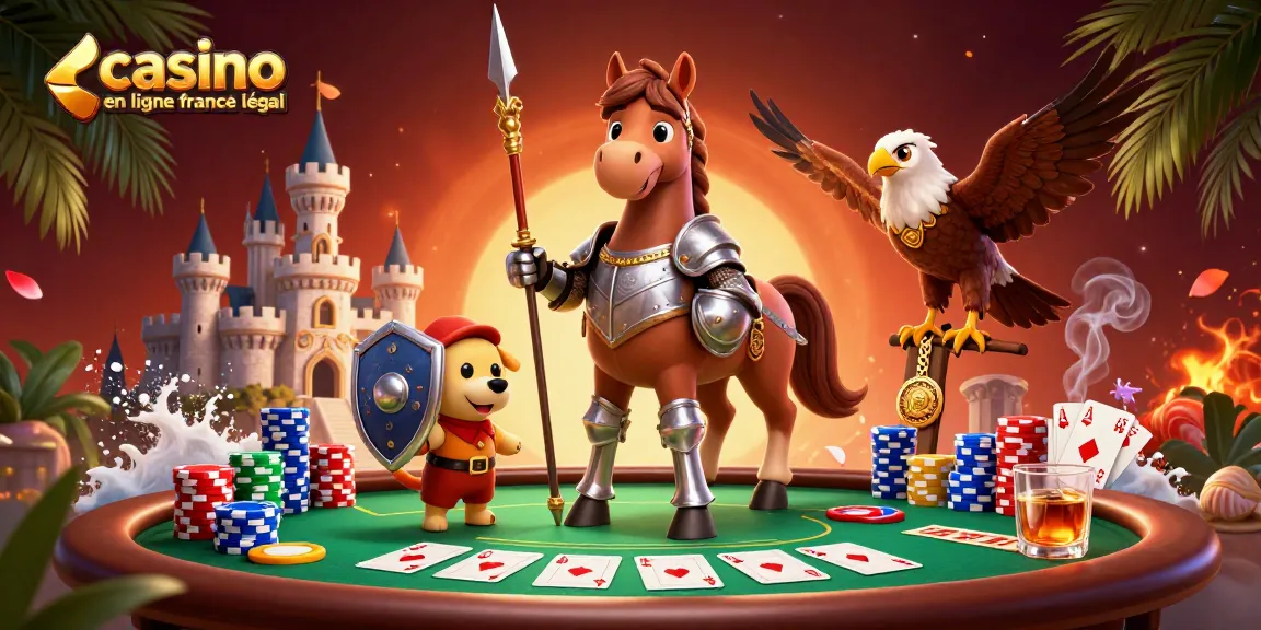 Illustration captivante casino en ligne france légal avec un chevalier médiéval, un chiot écuyer et un faucon en scène