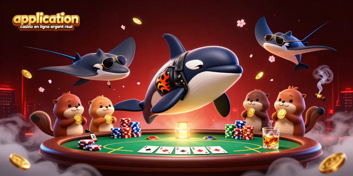 Application casino en ligne argent réel : Des personnages marins animés s'affrontent à une table de poker dynamique.