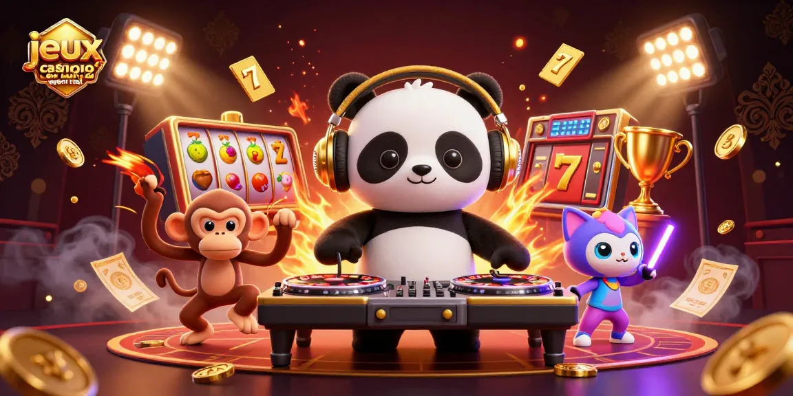 Jouez à des jeux casino en ligne argent réel avec une ambiance festive illustrée par un panda DJ, un singe et un chat.