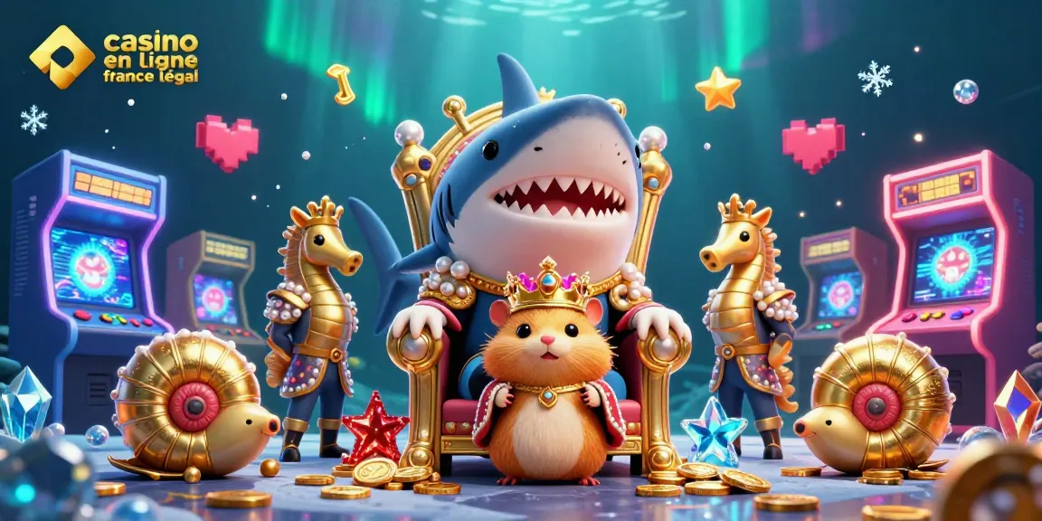 Illustration d'un roi hamster en couronne sur un trône de dents de requin, représentant le casino en ligne France légal.
