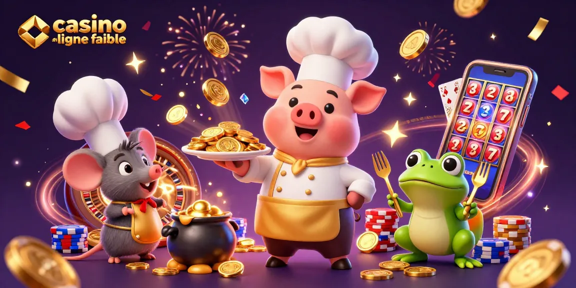 Profitez du plaisir du casino en ligne fiable avec un chef cartoon et une scène dorée pleine d'énergie.