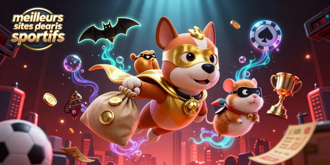 Illustration représentant les meilleurs sites de paris sportifs avec un chien super-héros et des éléments de jeu dynamique.