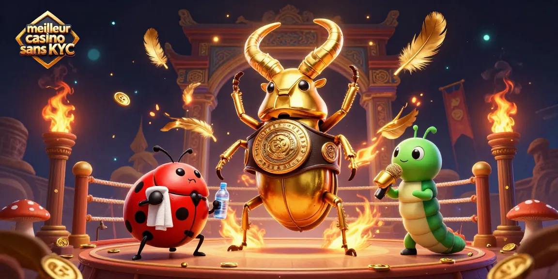 Jouez au meilleur casino sans KYC avec des personnages amusants et des pièces d'or entourant un combat épique.