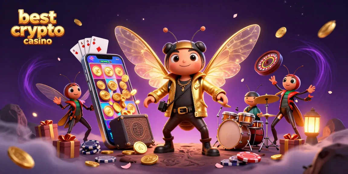 Illustration vibrant du meilleur crypto casino, mettant en scène une rock star et des éléments de jeux.